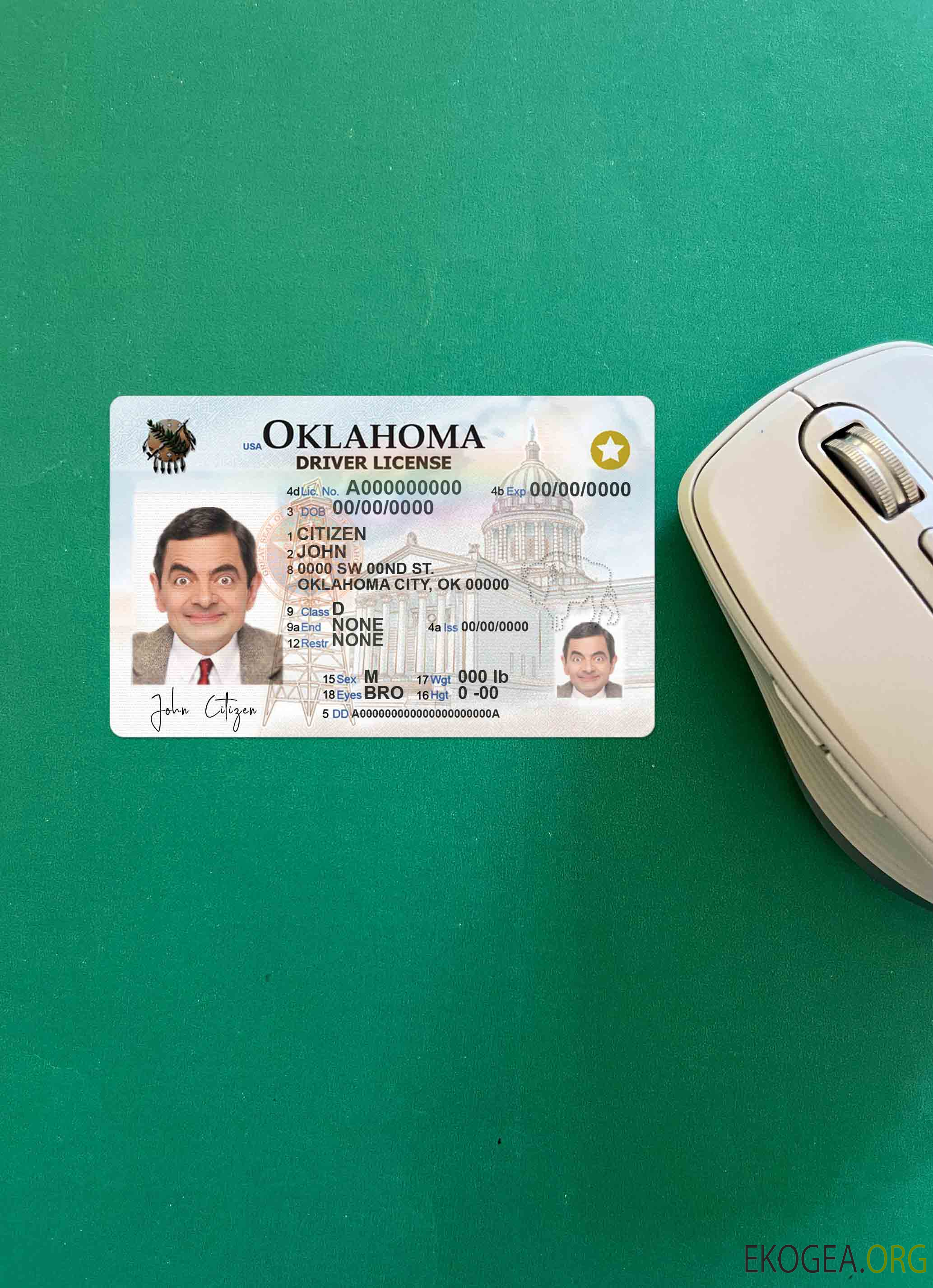 Modèle de permis de conduire USA Oklahoma au format PSD, entièrement modifiable (2020 – présent) photolook FRONT